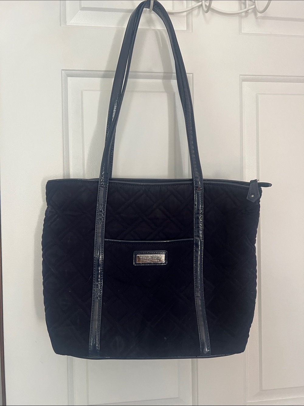 Vera Bradley Navy Quilted Tote Bag with Patent Trim - 15W, 11 L.